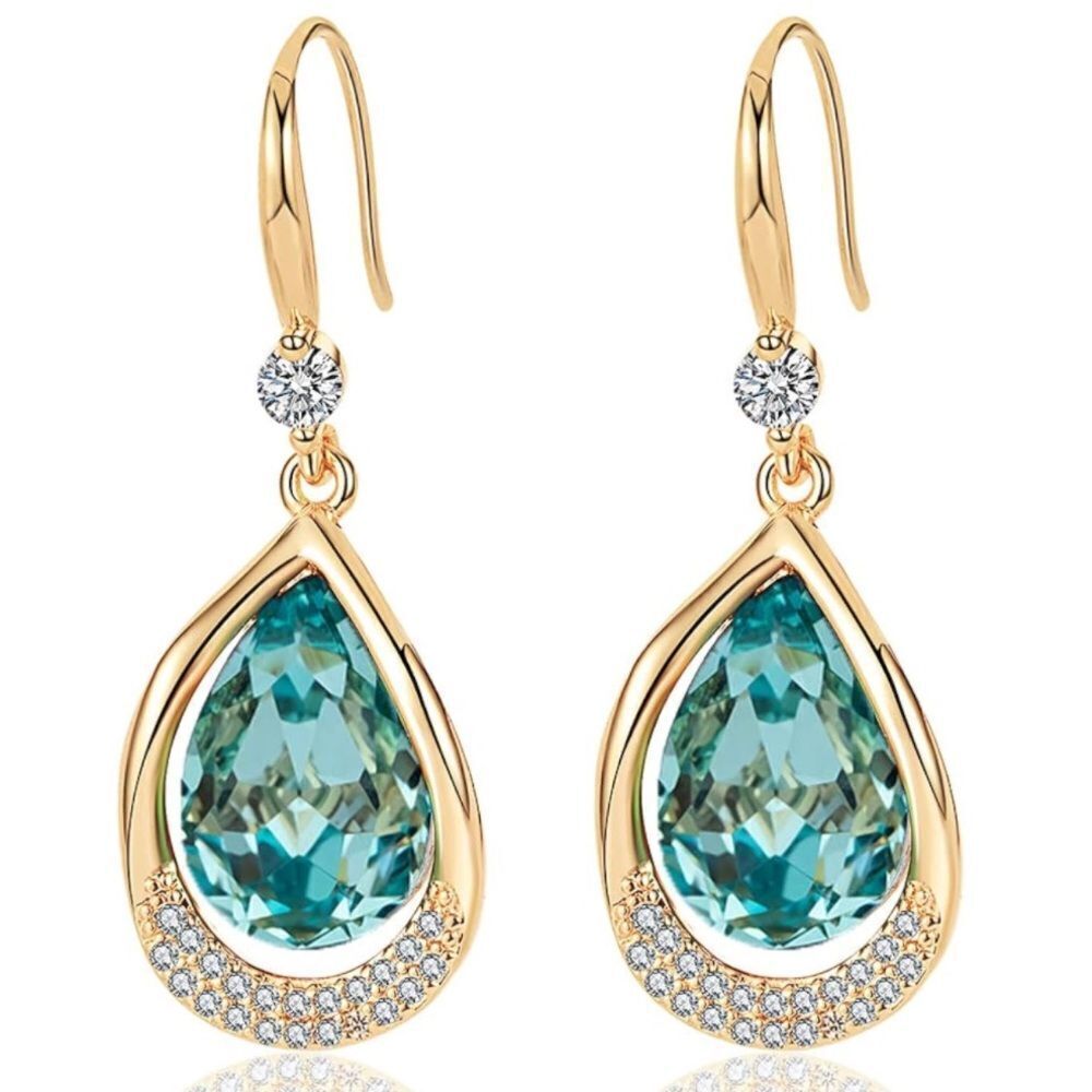 14K Yellow Gold and Aquamarine Blue Austrian Crystal Teardrop Halo Hook Earrings